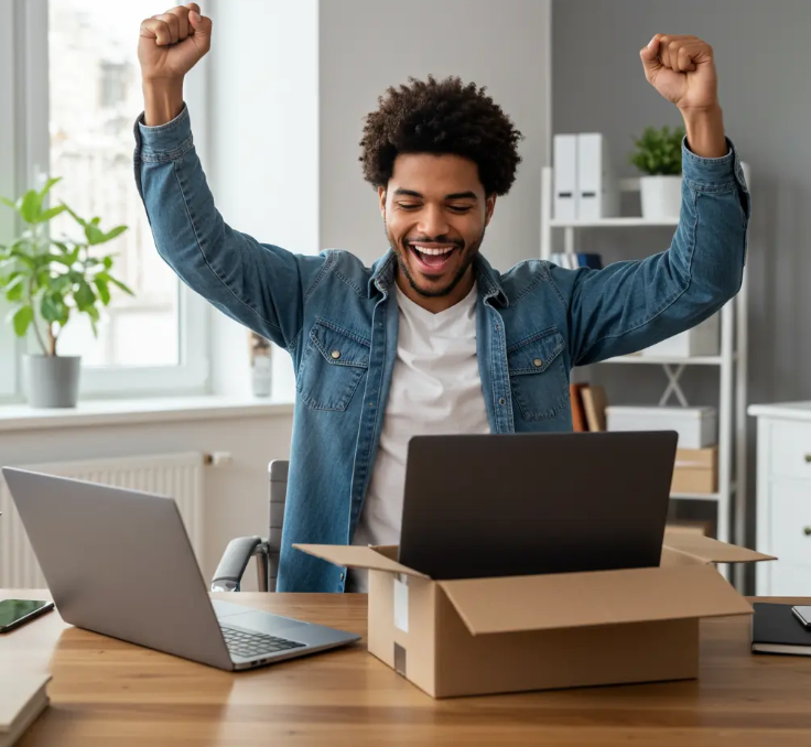 Happy customer celebrating successful computer unboxing and new computer purchase - NewPCHelp.com expert computer buying guide